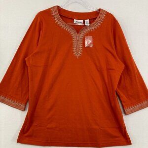 Cali & York size XL Burnt Orange Embroidered Stretch 3/4 Sleeve Blouse Boho‎